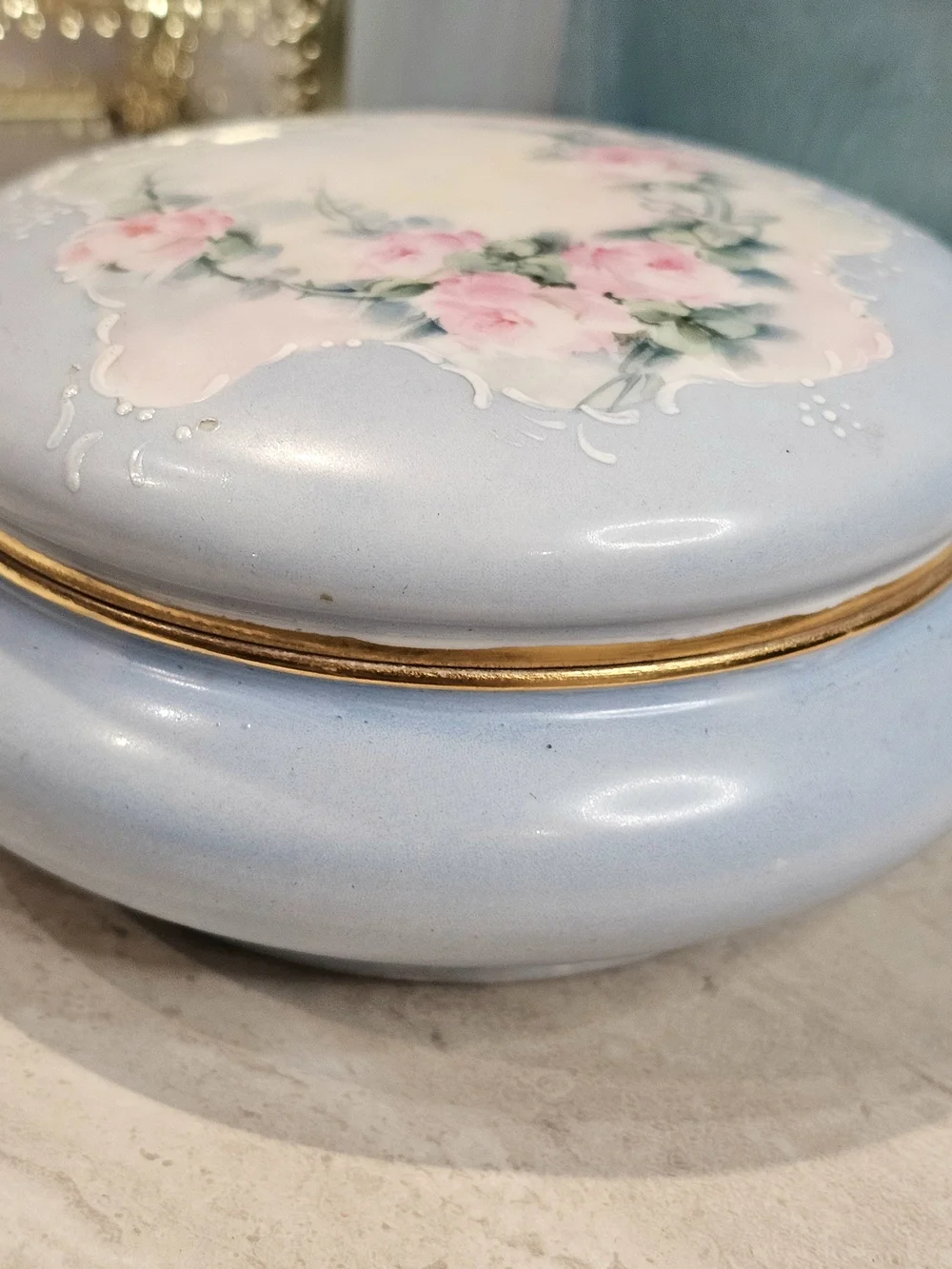 Hand Painted Porcelain Powder Box Limoges France Trinket Box Roses Gold Trim